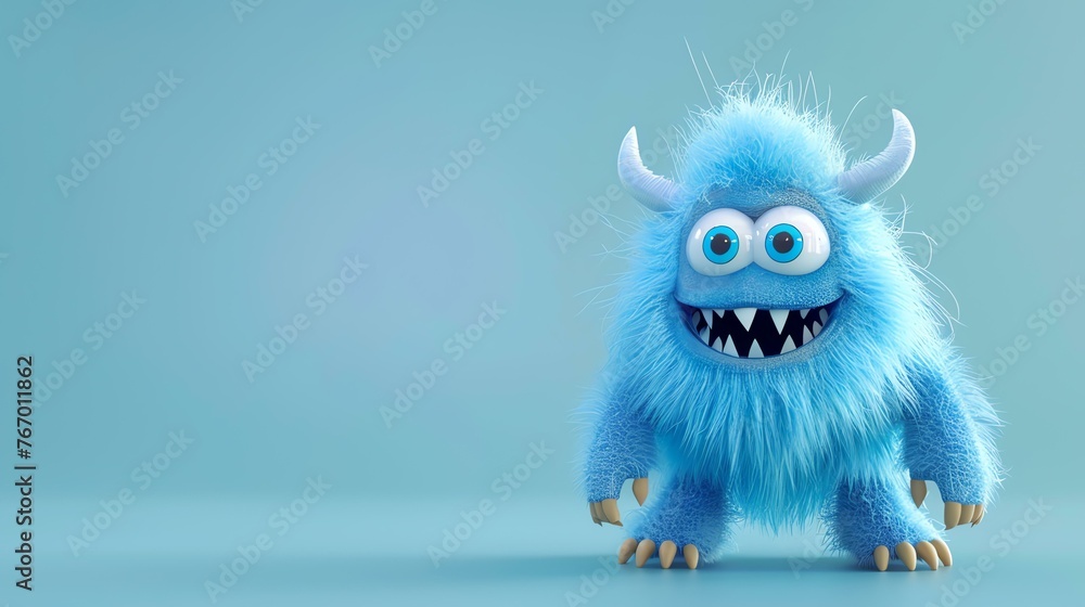 3D rendering of a cute and friendly blue monster with big eyes and a toothy grin.