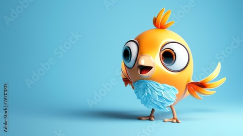 Cute and colorful 3D illustration of a happy cartoon bird with big eyes and a friendly smile. The bird has bright yellow feathers and blue feet.