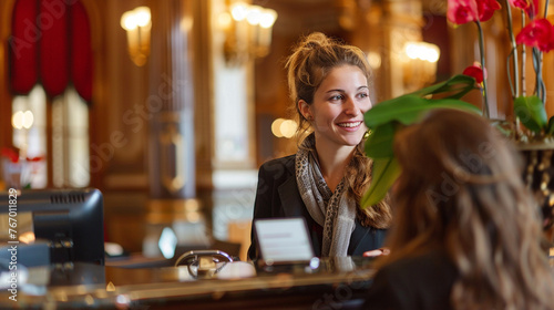 Receptionist offering helpful tourist information to arriving hotel guests. © Noreen