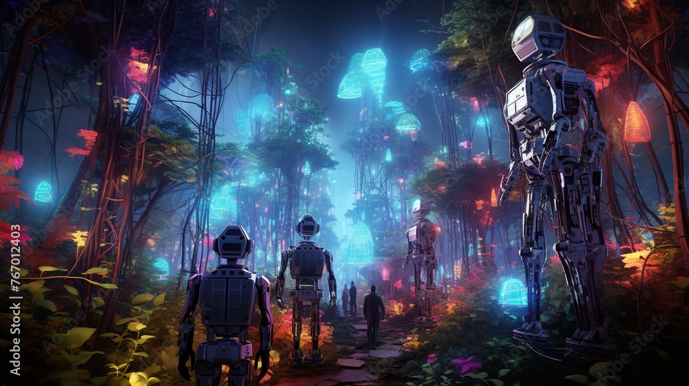 This dynamic digital illustration portrays anthropomorphic robots on a journey through a futuristic forest with bioluminescent trees, perfect for futuristic or exploration concepts - obrazy, fototapety, plakaty 