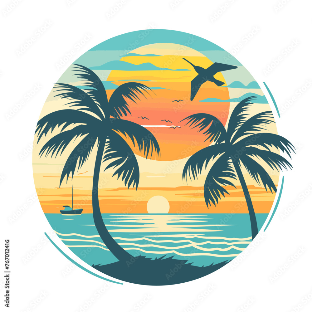 Tropical island with palm trees and seagull. Vector illustration.