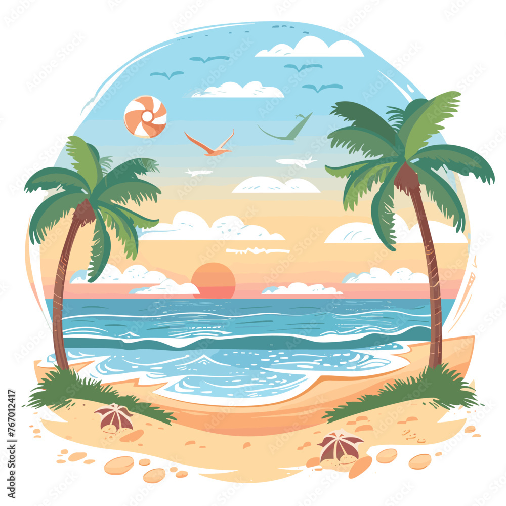 Beach with palm trees and seashells. Vector illustration.