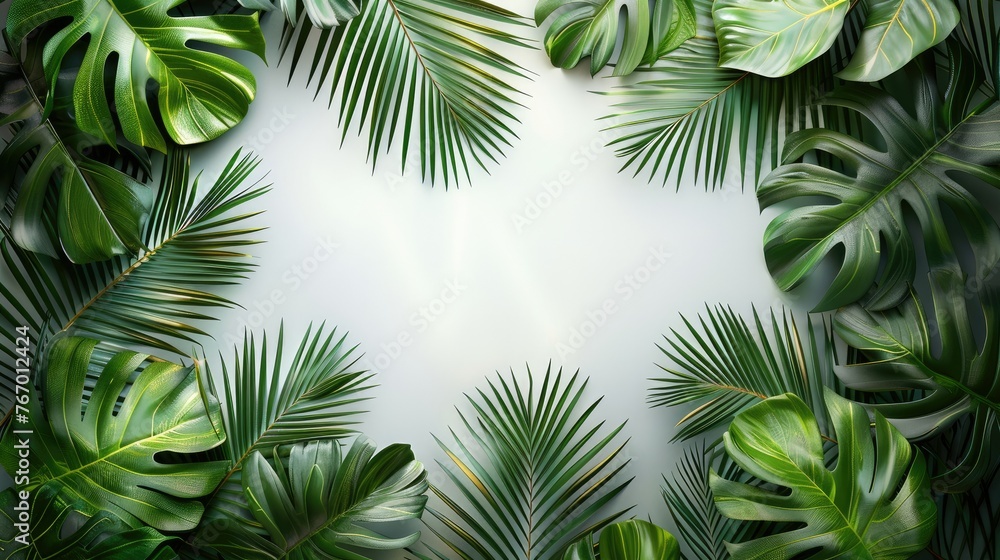 Top of white table with palm leaves. Generative AI.