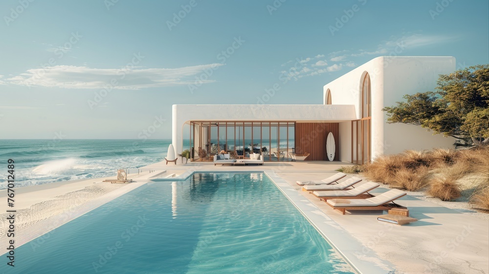 Fototapeta premium Minimalist architecture, white house with windows, minimal sun-beds by the pool in front, surfboards standing on the beach. Generative AI.