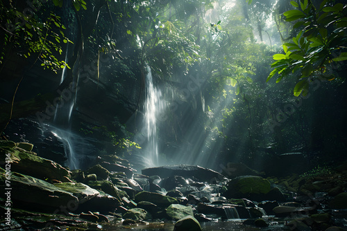 A majestic waterfall in a lush tropical rainforest  Capturing the power and beauty of nature. 