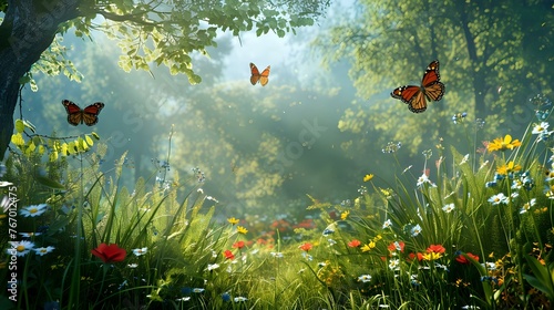 Forest Meadow Beauty: Sunny Day Abounds with Blooming Grass and Butterflies