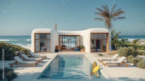 Minimalist architecture, white house with windows, minimal sun-beds by the pool in front, surfboards standing on the beach. Generative AI. © visoot