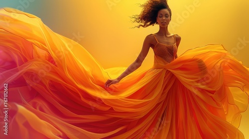 Young woman is dressed in a vibrant colored dress. Generative AI.