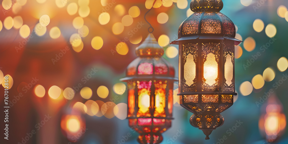 traditional islamic ramadan kareem card design with hanging lanterns background , web banner with decorative lantern traditional islamic ramadan kareem card design with hanging lanterns background , web banner with decorative lantern
