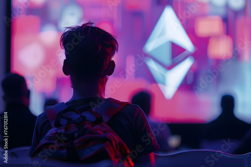 A person attending a blockchain conference with Bitcoin and Ethereum logos in the background: Showcasing the growing community and interest in cryptocurrency and blockchain technology.