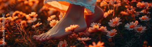 A person stands in a field of colorful flowers, their footstep visible on the delicate petals The concept of well-groomed silky foot skin.