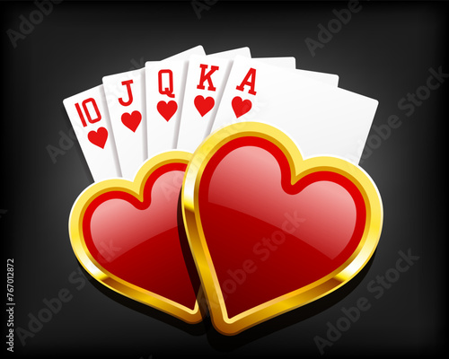 Royal Flush. A poker hand of a royal flush in hearts. Hearts Royal Flush.  Vector clipart.