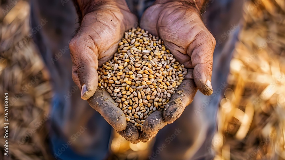 Harvest Moment: Close-Up of Farmer's Hands Clutching Wheat Grains Harvest Moment: Close-Up of Farmer's Hands Clutching Wheat Grains