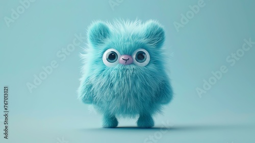Cute and fluffy blue creature with big eyes. It is standing on all fours and has a friendly expression on its face.
