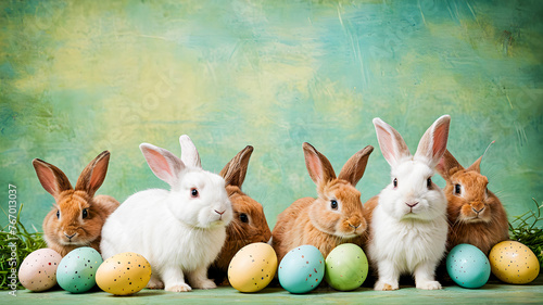 Group of cute Easter bunnies with colorful eggs on green background