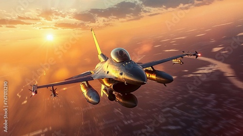 F16 jet fighter soaring at high velocity over cityscape during sunset, military aviation patrol