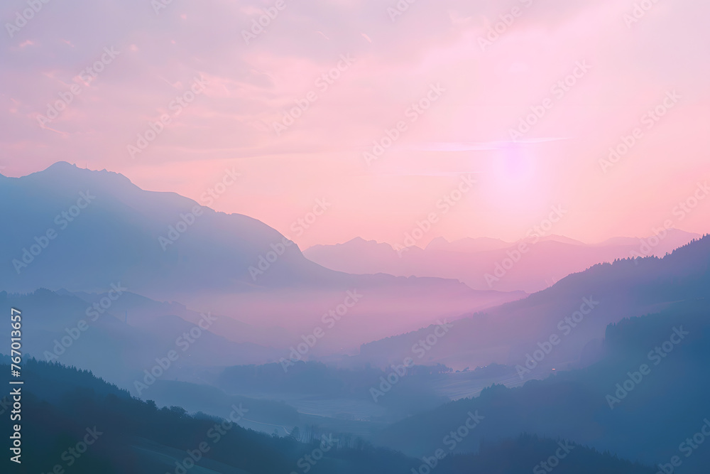 A serene mountain landscape at sunrise: Capturing the beauty and tranquility of nature