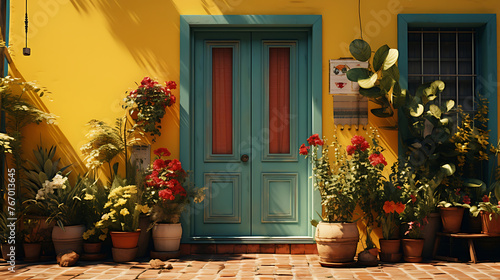 Sunlit Charm: A Vibrant Yellow Wall Adorned with Delicate Flowers Framing a Weathered Rustic Door, Inviting Tales of Timeless Beauty and Tranquility.