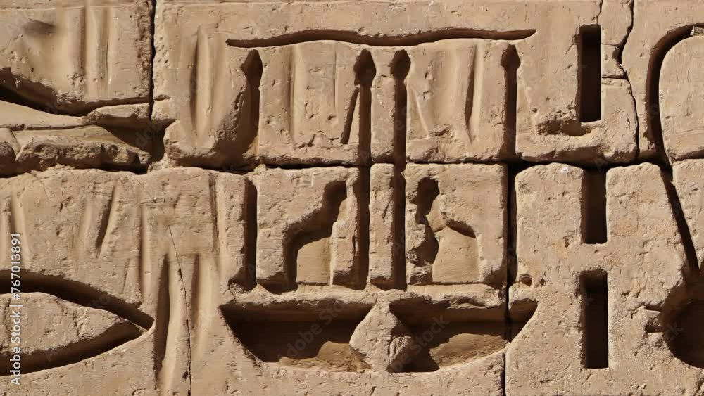 Ancient Egyptian hieroglyphs and bas-reliefs close-up in Temple of Medinet Habu. Egypt, Luxor. The Mortuary Temple of Ramesses III at Medinet Habu located in the West Bank of Luxor in Egypt. Ancient Egyptian hieroglyphs and bas-reliefs close-up in Temple of Medinet Habu. Egypt, Luxor. The Mortuary Temple of Ramesses III at Medinet Habu located in the West Bank of Luxor in Egypt.
