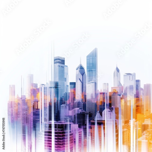 futuristic city architecture captured in morning gradient colors double exposure watercolor graphic design asset wallpaper