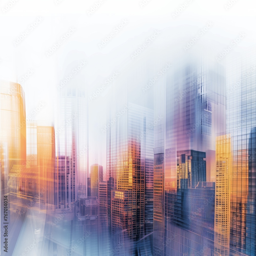 modern cityscape with layered skyscrapers in vibrant colors double exposure watercolor graphic design asset wallpaper
