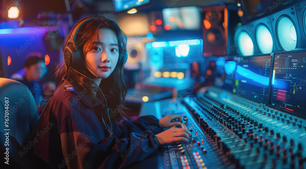 Korean woman working at radio station. Generative AI. - obrazy, fototapety, plakaty 