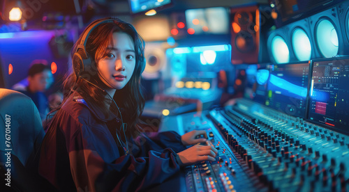 Korean woman working at radio station. Generative AI.