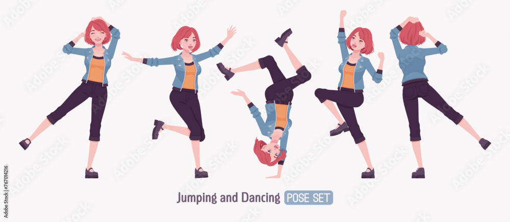 Attractive young woman dance, jump upside down pose. Red choppy bob haircut girl wearing cool jacket, capri pants, Mary Jane clog shoes, youth people streetwear clothing style. Vector illustration