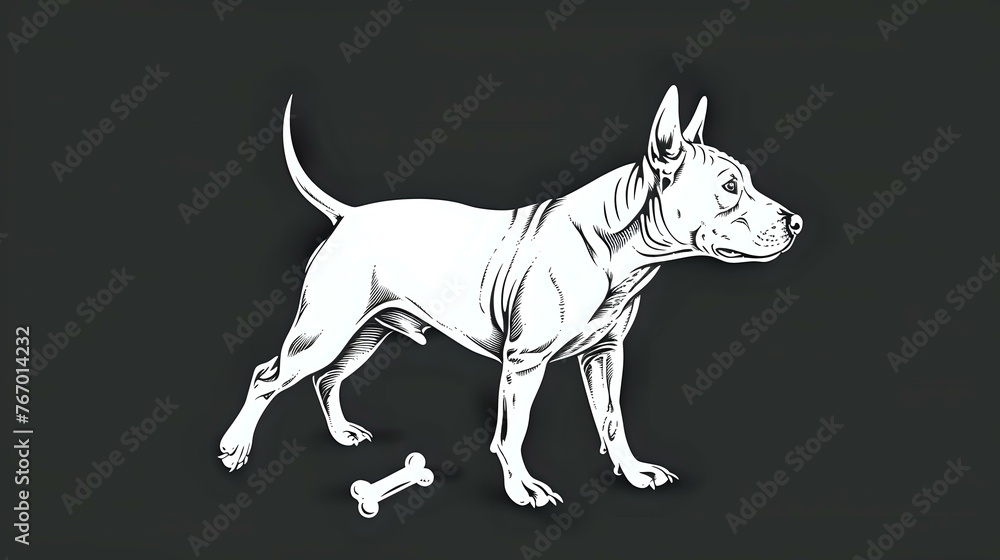 Simple Line Drawing: Bull Terrier with Bone in White Art Style