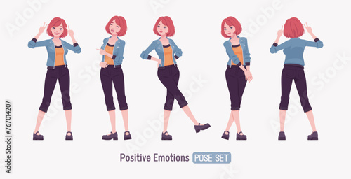 Attractive young happy woman positive emotion. Adult red choppy bob haircut girl wearing cool jacket, capri pants, Mary Jane clog shoes, youth people streetwear clothing style. Vector illustration