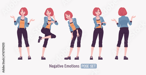 Attractive young unhappy woman negative emotion. Adult red choppy bob haircut girl wearing cool jacket, capri pants, Mary Jane clog shoes, youth people streetwear clothing style. Vector illustration