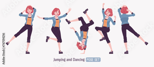 Attractive young woman dance, jump upside down pose. Red choppy bob haircut girl wearing cool jacket, capri pants, Mary Jane clog shoes, youth people streetwear clothing style. Vector illustration
