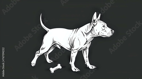 Simple Line Drawing  Bull Terrier with Bone in White Art Style