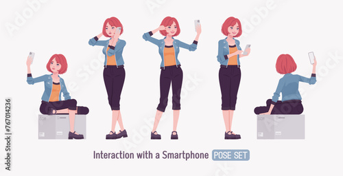 Attractive young woman smartphone user, selfie taking. Adult red choppy bob haircut girl wearing cool jacket, capri pants, Mary Jane shoes, youth people streetwear clothing style. Vector illustration