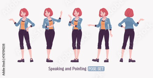 Attractive young woman talk, point speaker posing. Adult red choppy bob haircut girl wearing cool jacket, capri pants, Mary Jane clog shoes, youth people streetwear clothing style. Vector illustration