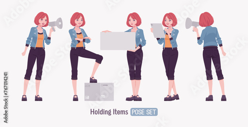 Attractive young woman megaphone speak, posing. Adult red choppy bob haircut girl wearing cool jacket, capri pants, Mary Jane clog shoes, youth people streetwear clothing style. Vector illustration