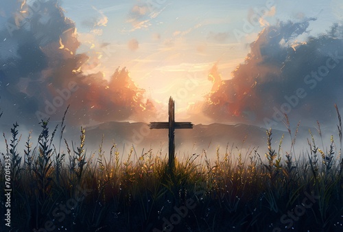 a cross in a field with clouds and mountains in the background photo