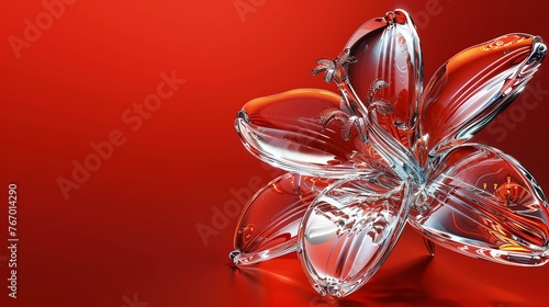 3D rendering of a beautiful flower made of glass. The petals of the flower are transparent and have a glossy finish.