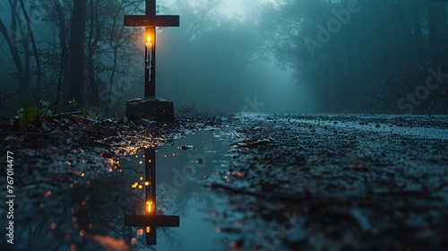 a cross in a puddle with a light on it
