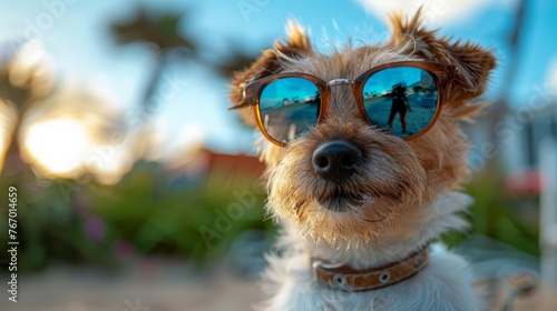 A cute dog wearing sunglasses with the reflection of an outdoor scene