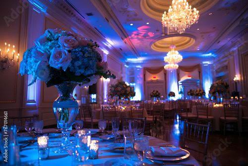 An elegant wedding reception with romantic lighting and floral centerpieces: Inspiring visions of timeless love and celebration.