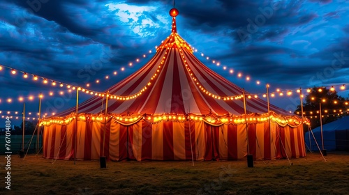 Circus tent with illuminations lights at night 