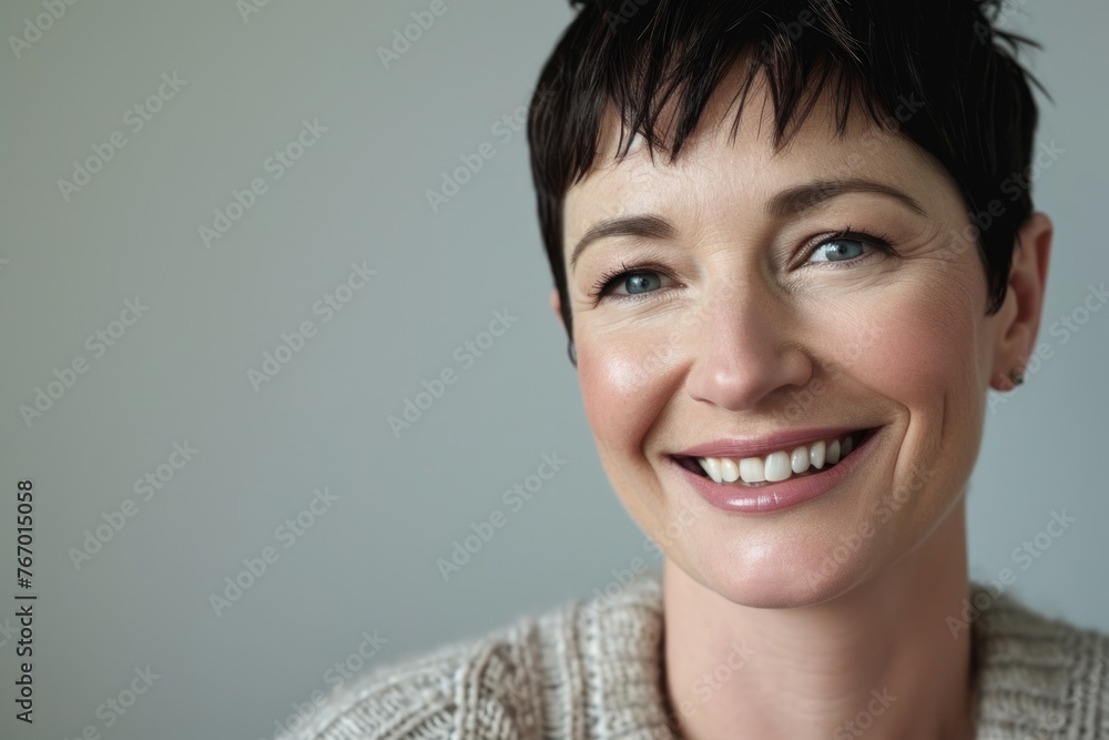 Portrait of a smiling middle-aged woman with short hair. Portrait of a smiling middle-aged woman with short hair.