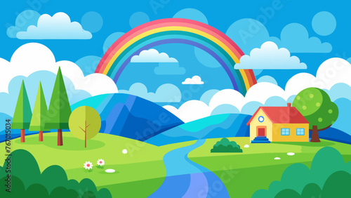 rainbow blue-white-clouds-green-meadow--house--road--green