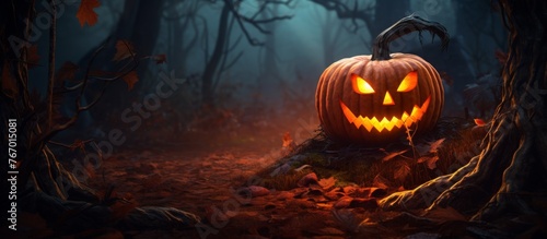 A Jackolantern pumpkin is placed in the heart of a spooky forest, emanating an eerie glow in the darkness. The gourd art piece adds to the supernatural ambiance of the setting