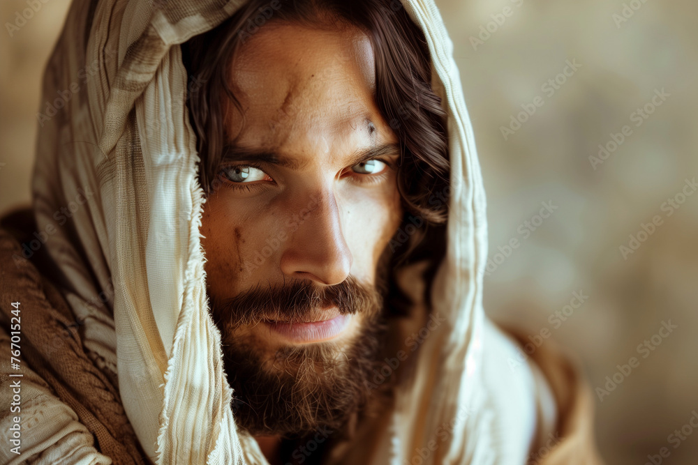 Portrait of Jesus- religious leader revered in Christianity, one of the world’s major religions. He is regarded by most Christians as the Incarnation of God.  - obrazy, fototapety, plakaty 