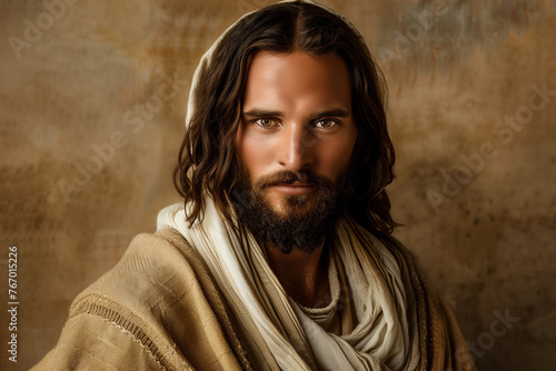 Portrait of Jesus- religious leader revered in Christianity, one of the world’s major religions. He is regarded by most Christians as the Incarnation of God.  photo