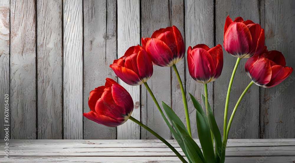 Czerwone tulipany. Bukiet wiosennych kwiatów. Tło deski - obrazy, fototapety, plakaty 