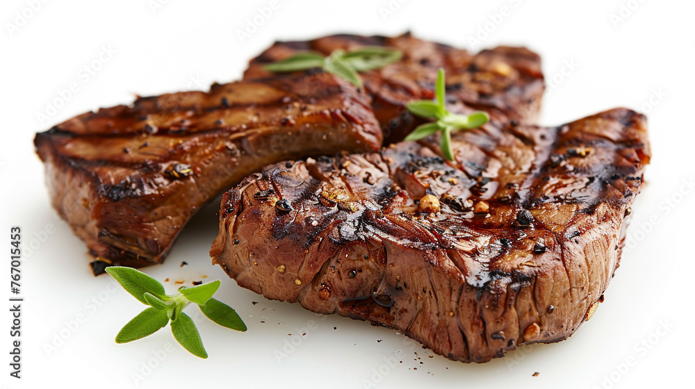Spiced grilled beef steaks showcased against a white background.