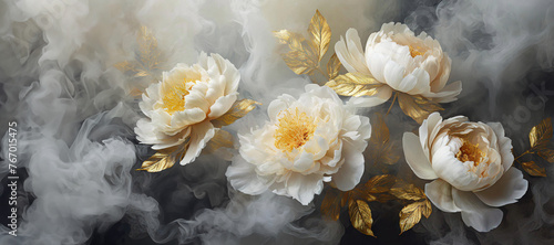 Panel kuchenny z motywem Wiosna, białe kwiaty abstrakcyjne piwonie. Abstrakcyjne tło kwiatowe